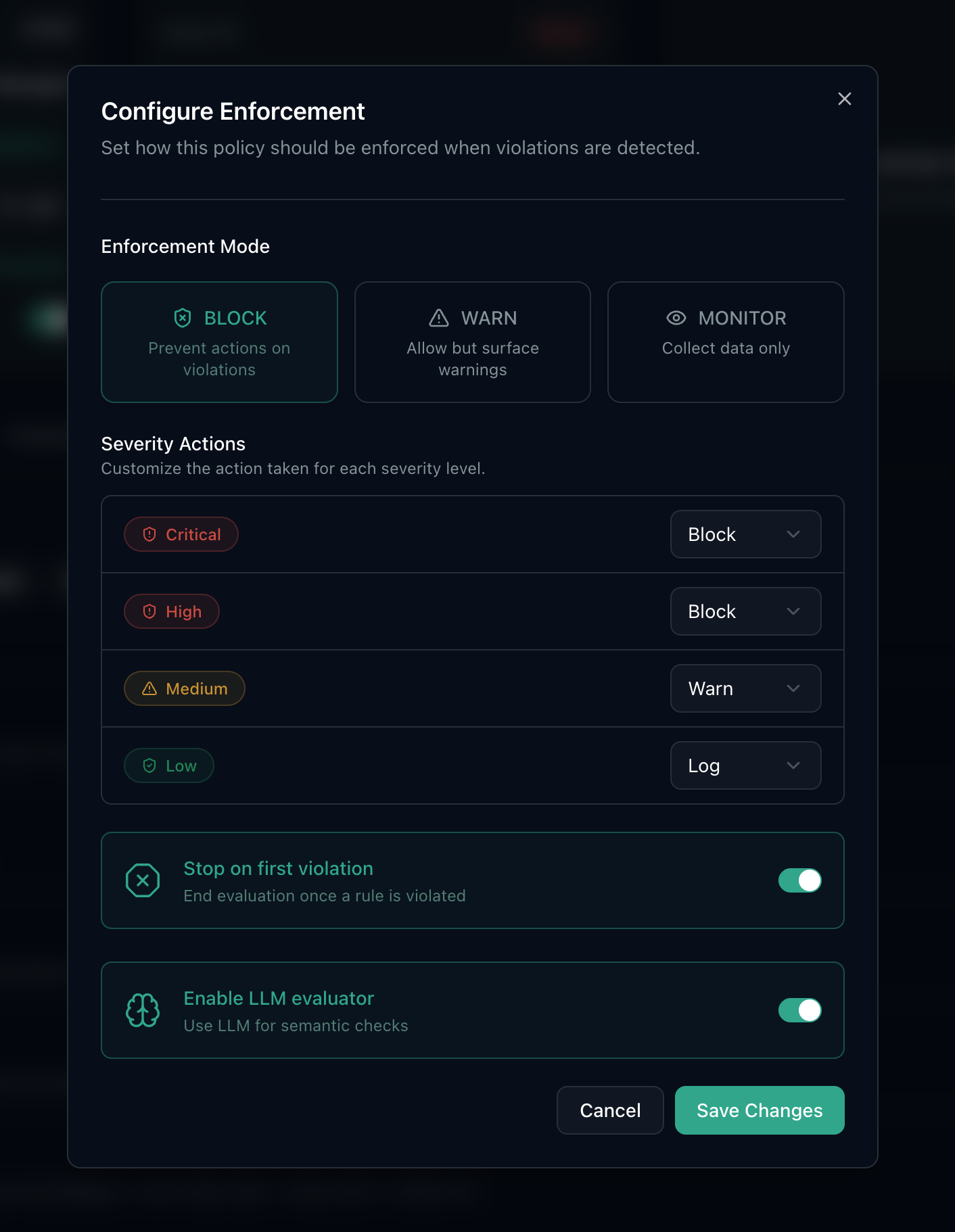 Real-time policy enforcement with violation detection and audit trails